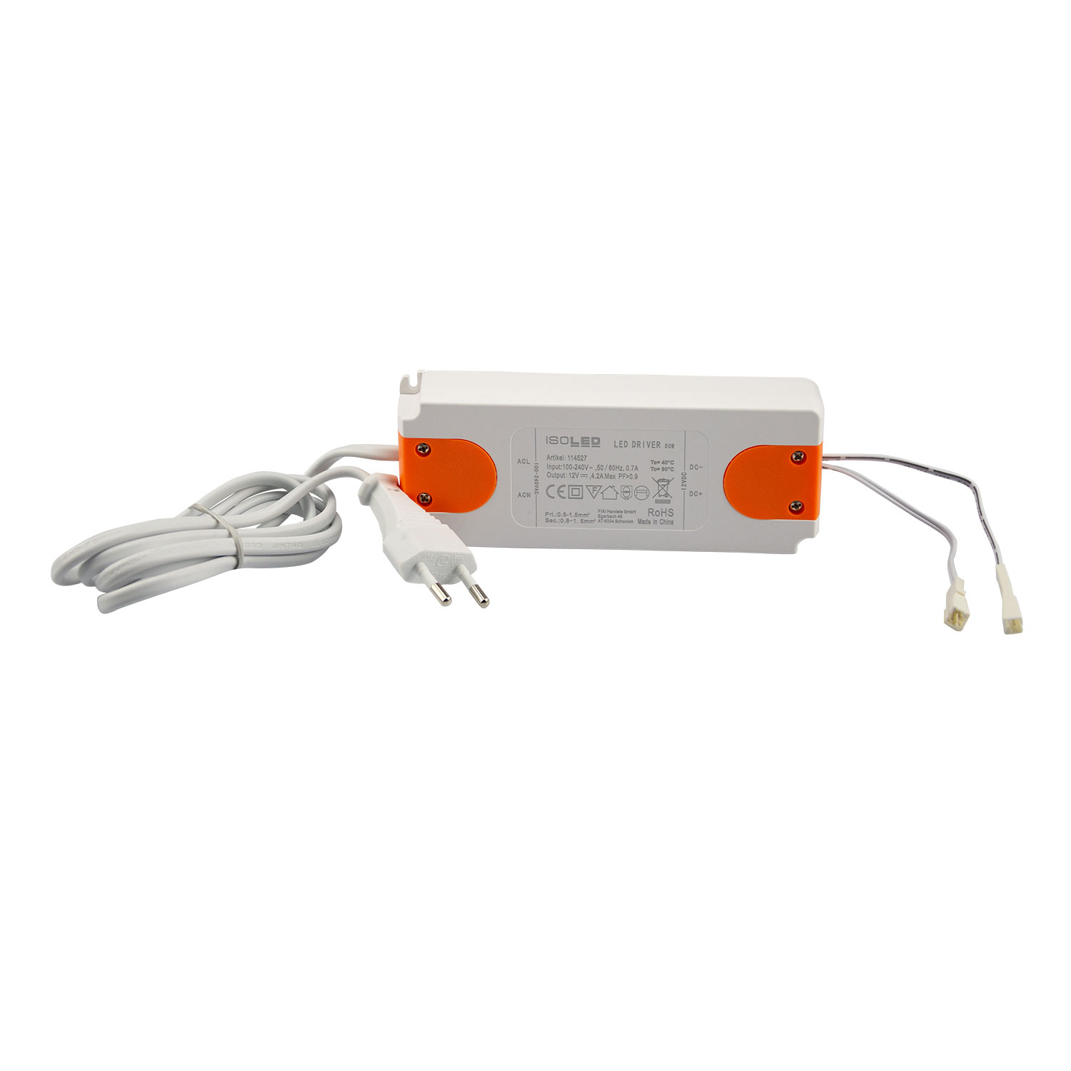 ISOLED LED Trafo MiniAMP 12V/DC 0-50W 120cm Kabel mit Flachstecker sekundär 2 female Buchsen