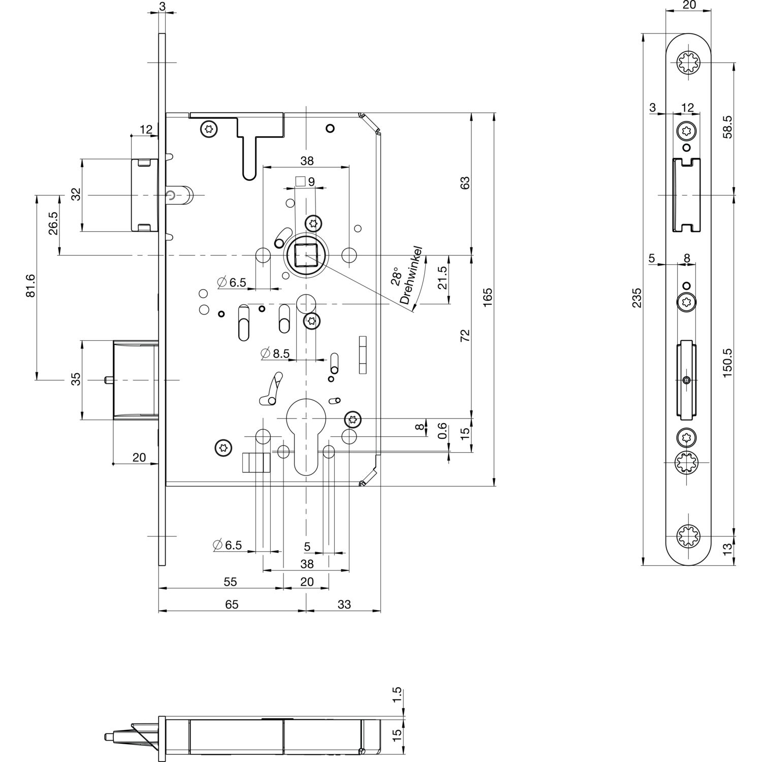 BKS Fluchttürschloss B-23270-02-R-8 2-flg. Funktion E, Rundstulp 20,PZ 65 rechts