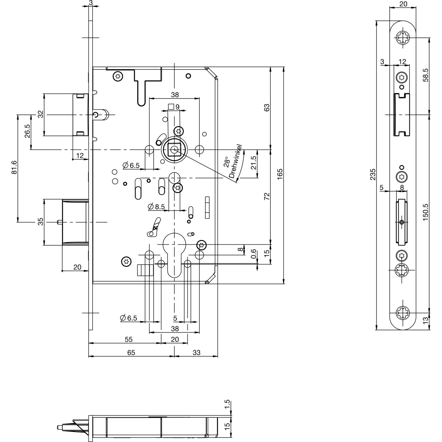 BKS Fluchttürschloss B-23210-04-R-8 2-flg. Funktion B, Rundstulp 20,PZ 65 rechts