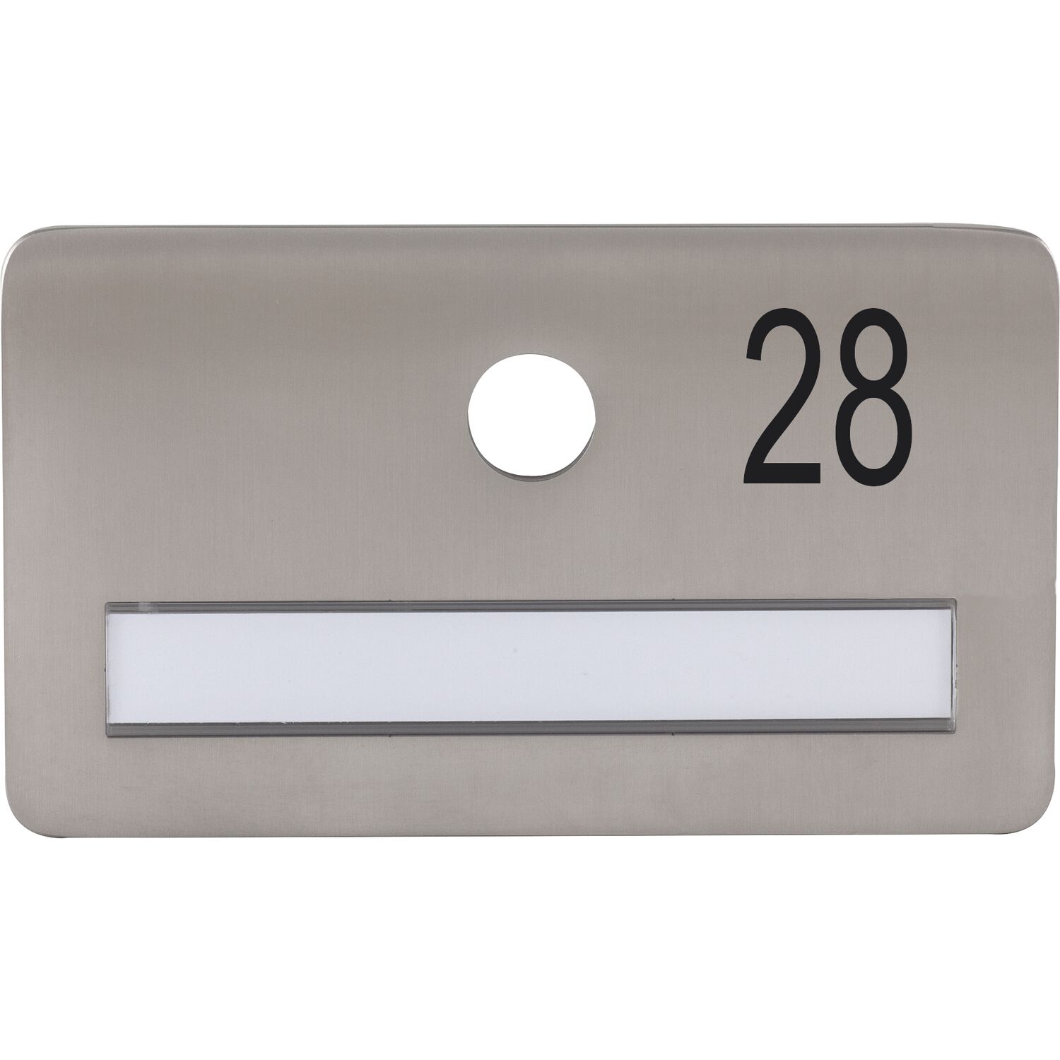 SOLIDO Namensschild ohne Spion, Bohrung ø 14, Edelstahl satiniert, Gravur Nr. 28