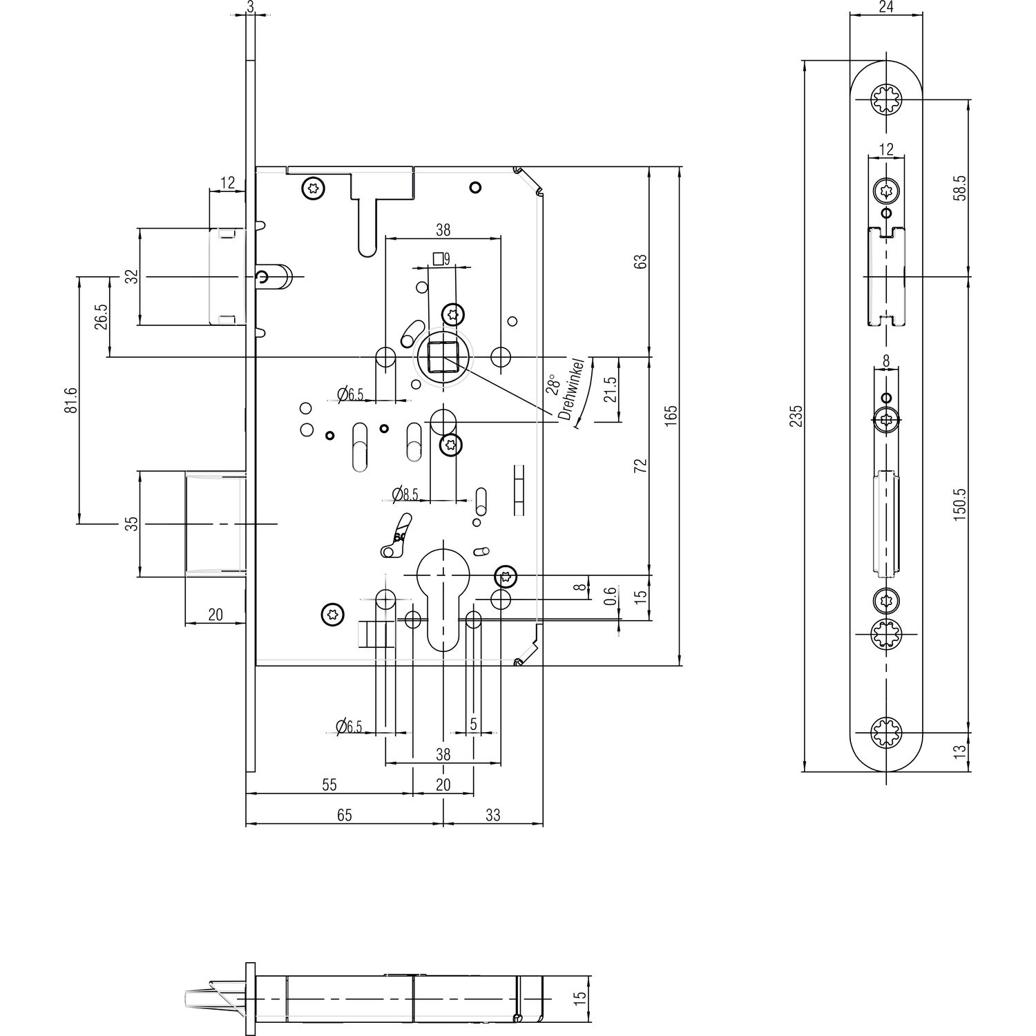 BKS Fluchttürschloss B-23260-27-L-8 1-flg. Funktion E, Rundstulp 24,PZ 65 univ.