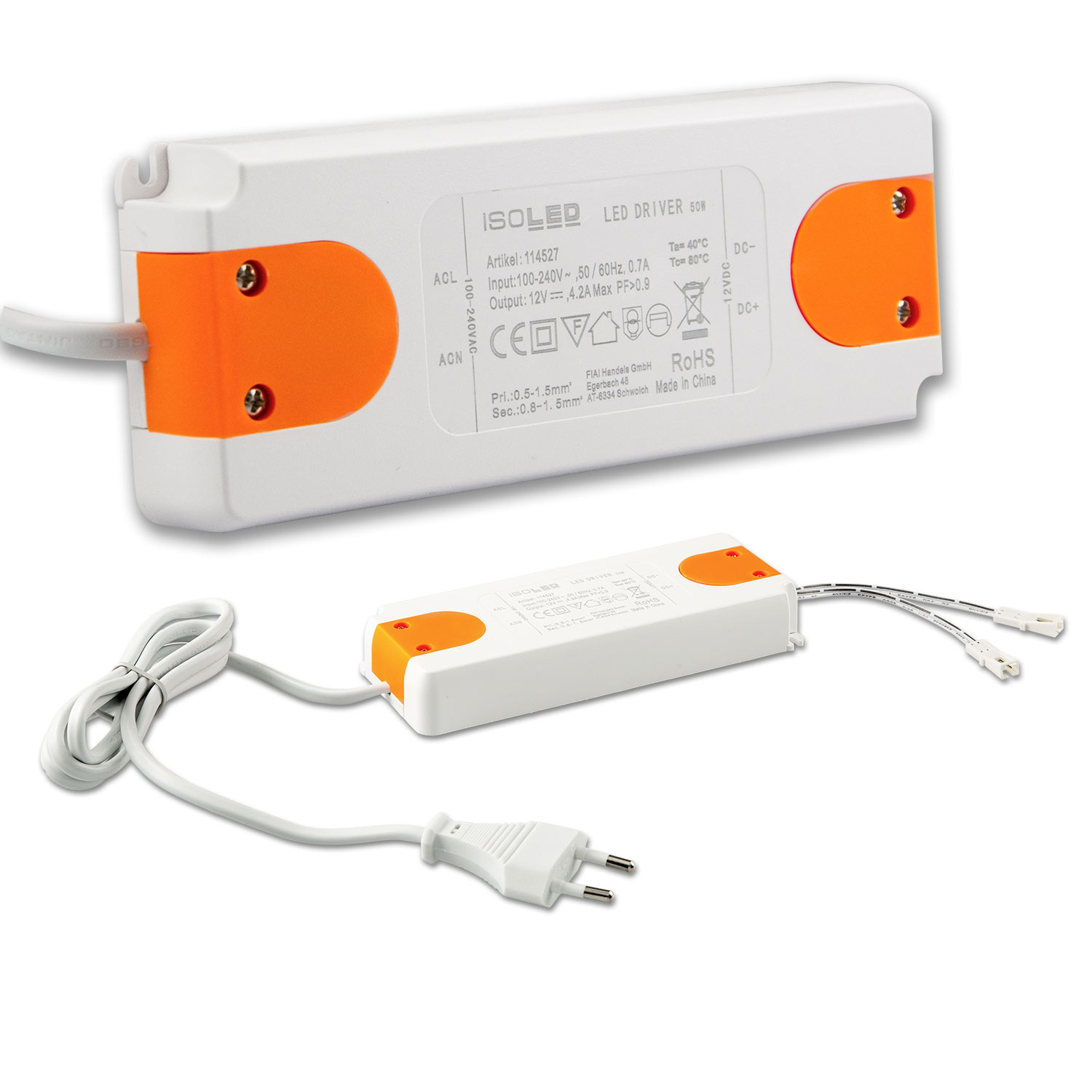 ISOLED LED Trafo MiniAMP 12V/DC 0-50W 120cm Kabel mit Flachstecker sekundär 2 female Buchsen