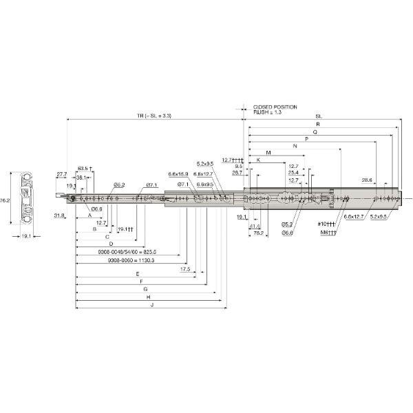 9308-E Kugelkäfigführung - Vollauszug li, 227 kg, Länge 711, 2 mm