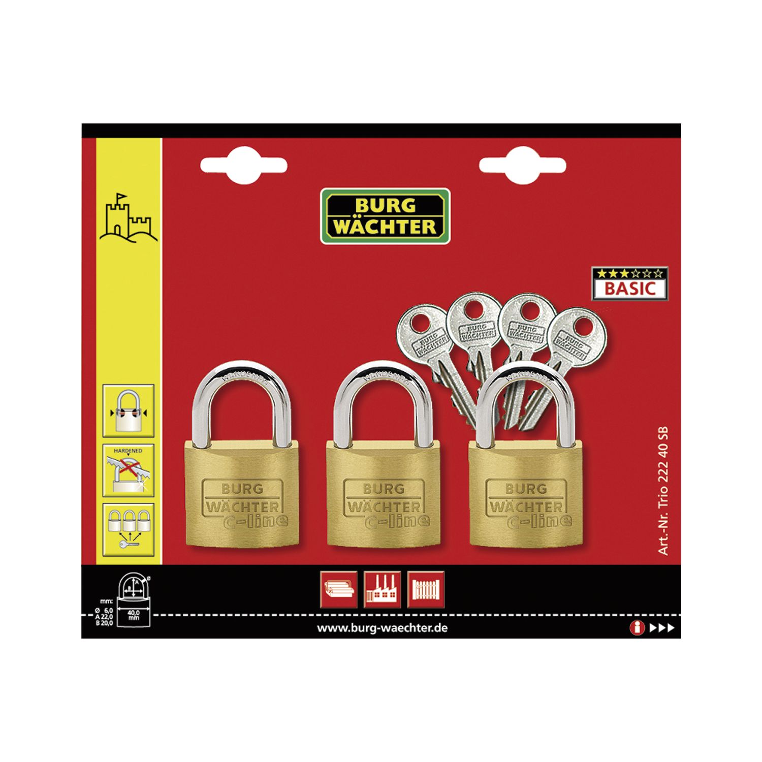 Burg-Wächter Vorhangschloss-Set Trio 222, 40 mm, gleichsperrend