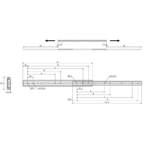 Accuride 2026L Kugelkäfigführung, Teilauszug, 40 kg, SL 500 mm Stahl