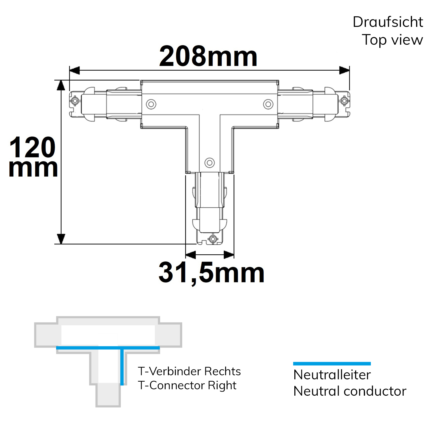 ISOLED 3-Phasen DALI T-Verbinder für Aufbauschiene N-Leiter rechts schwarz
