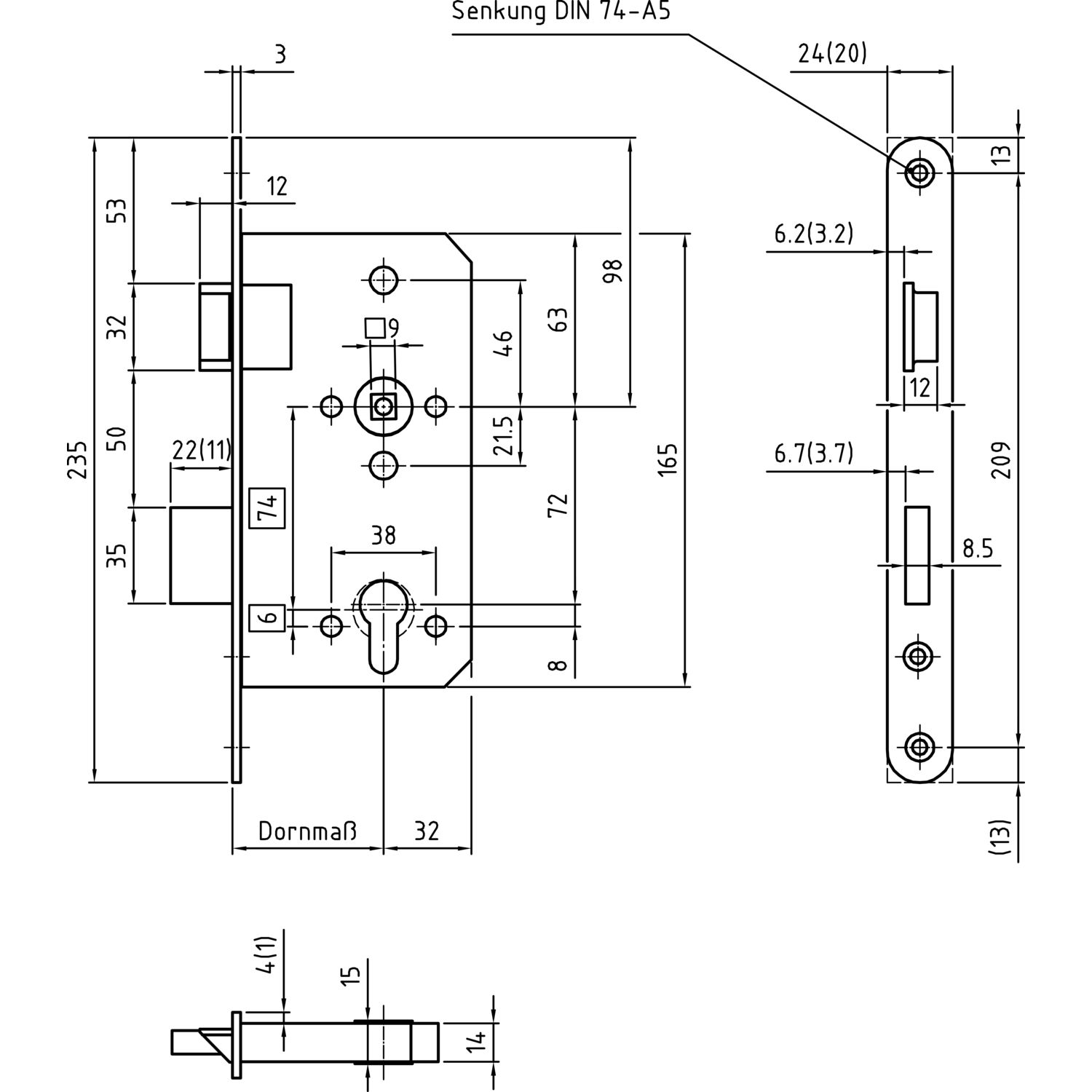 BMH Fluchttürschloss 1028, PZ 72, 1-flg. Funk. B/EN 179,rechts,DM65/20,Edelstahl