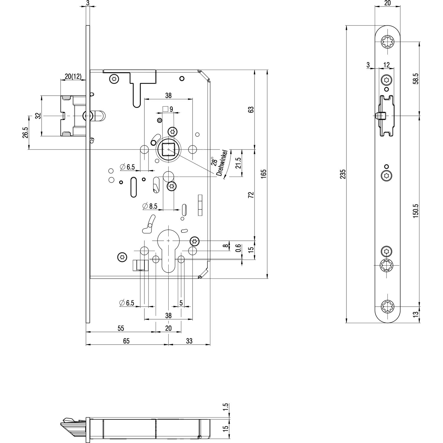 BKS Fluchttürschloss B-21160-02-R-8 1-flg. Funktion E, Rundstulp 20,PZ 65 rechts