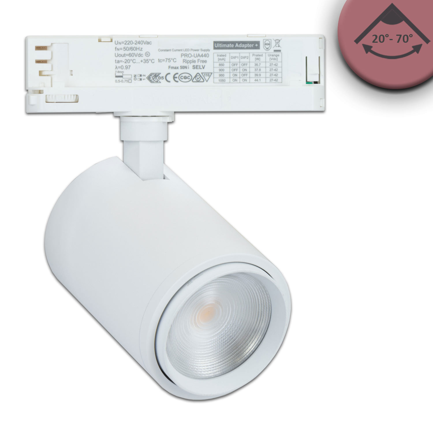 ISOLED 3-Phasen Schienen-Strahler fokussierbar 34W 20°-70° weiß matt Fresh Meat 3200K