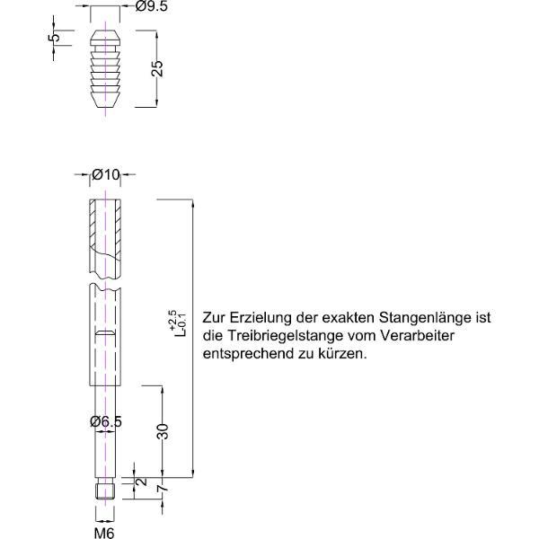 BMH Treibriegelstange 1101, 885 mm, mit Gleitstopfen für oben, Stahl verzinkt