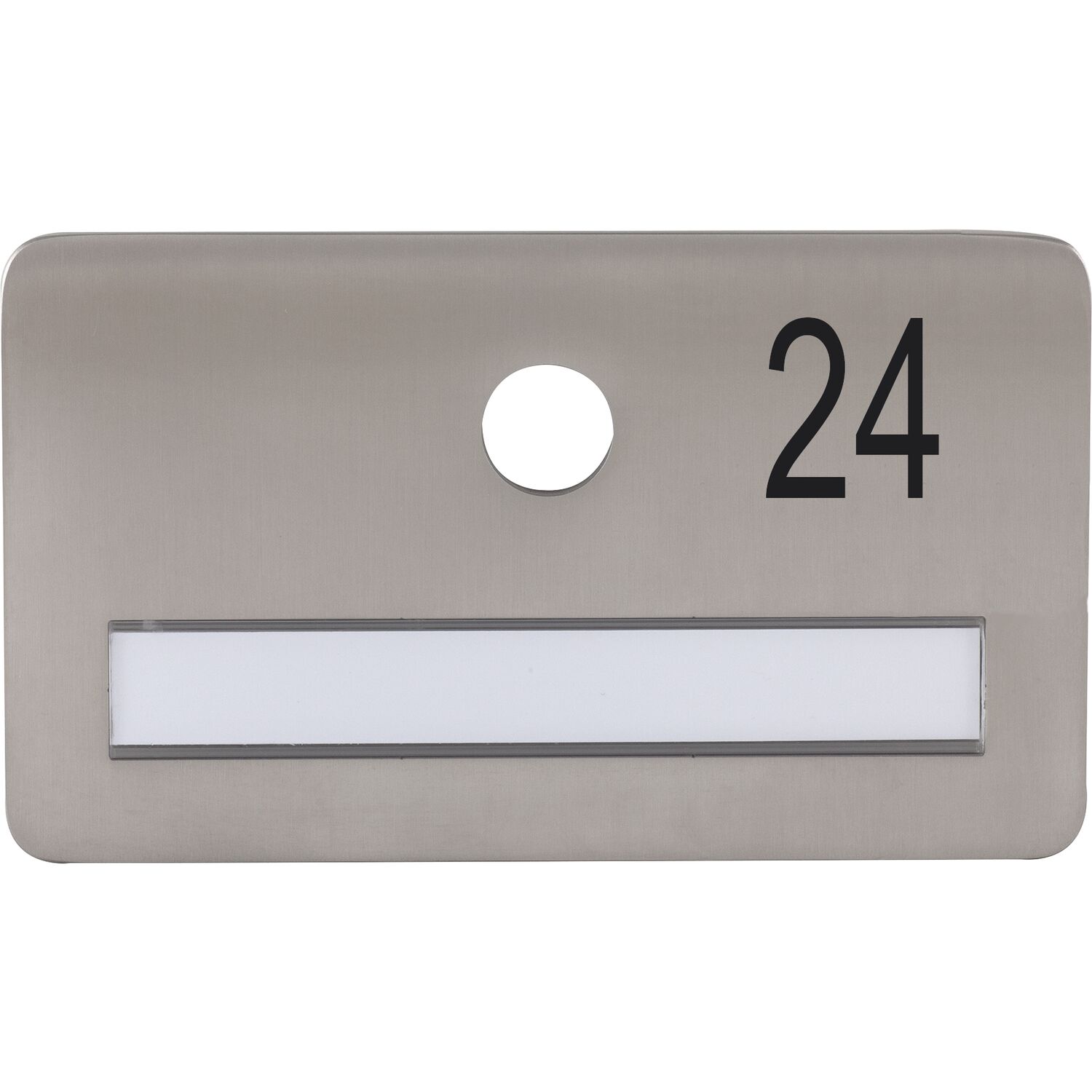 SOLIDO Namensschild ohne Spion, Bohrung ø 14, Edelstahl satiniert, Gravur Nr. 24