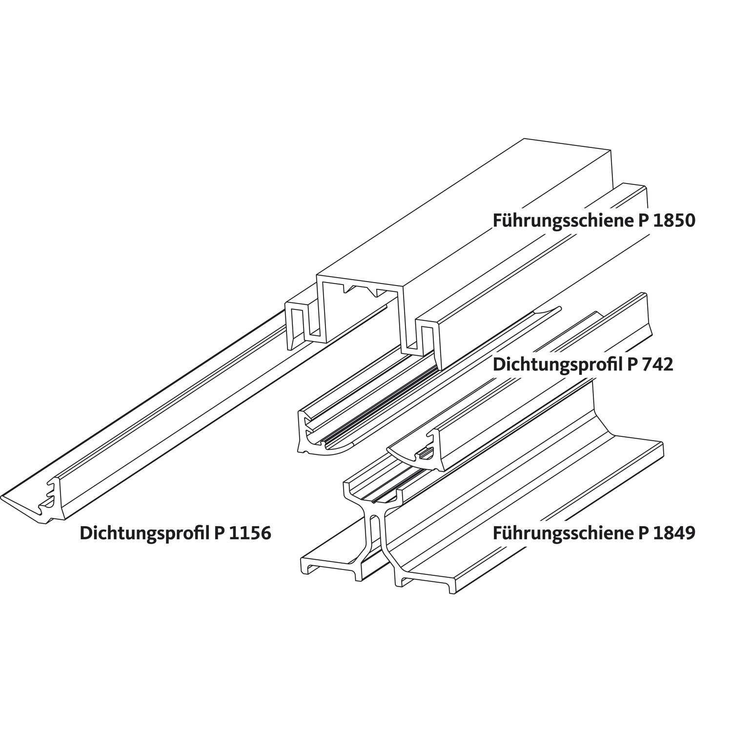 GU HS Führungsschienen-Set oben P1850 L=3000 mm silber eloxiert/Dichtung grau