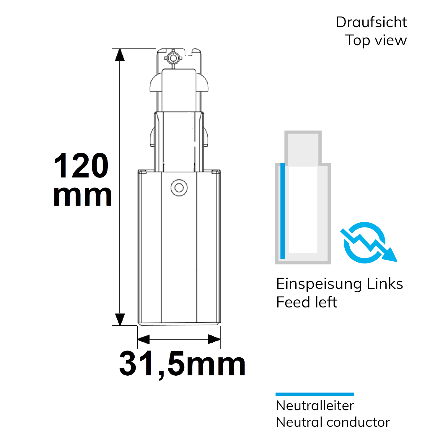 ISOLED 3-Phasen DALI Seiten-Einspeisung für Aufbauschiene N-Leiter links schwarz