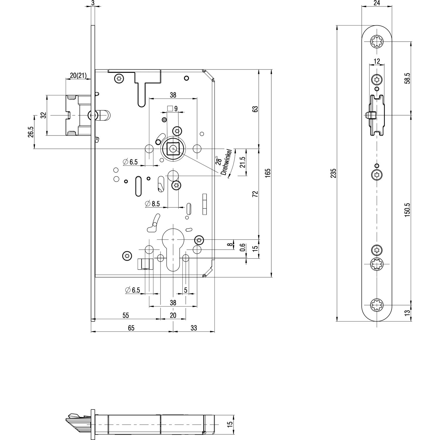 BKS Fluchttürschloss B-21100-22-L-8 1-flg. Funktion B, Rundstulp 24,PZ 65 univ.