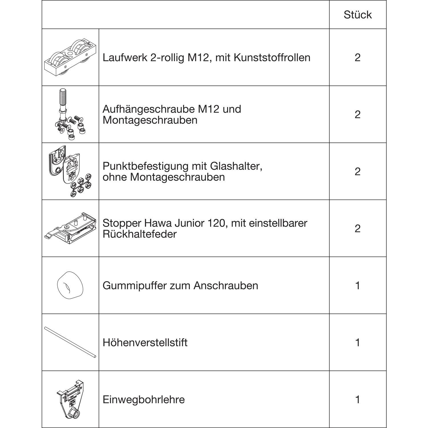 Hawa HAWA Junior 120/GP Beschlagset Glas ESG/VSG 8-12 mm ohne Laufschiene