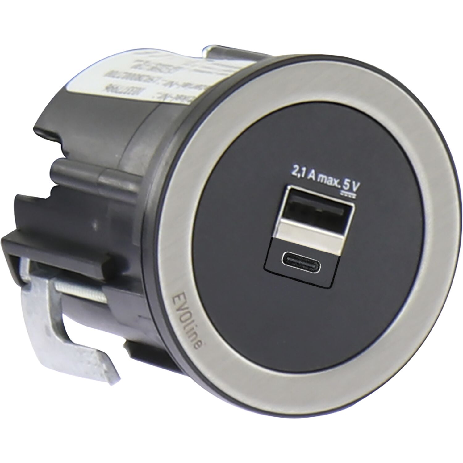 EVOline One 2fach USB Charger A+C mit Abdeckring schwarz/Edelstahl