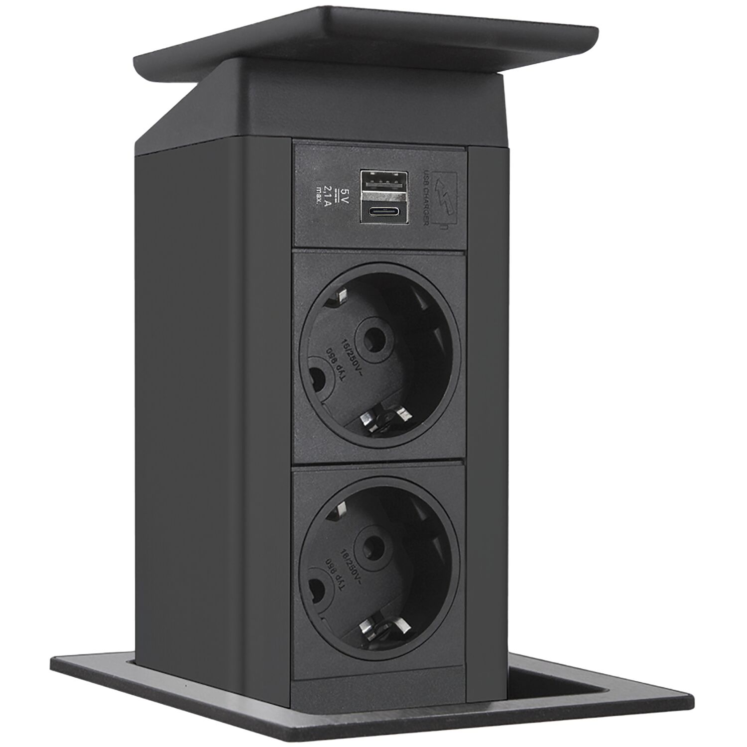 EVOline Port Push schwarz 2x Schuko + USB-A + USB-C Charger Wippdeckel Edelstahl
