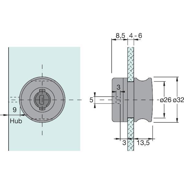 Hettich Prestige 2000 Zylinder-Glastürschloss Typ 321 Stahl vernickelt hochgl.