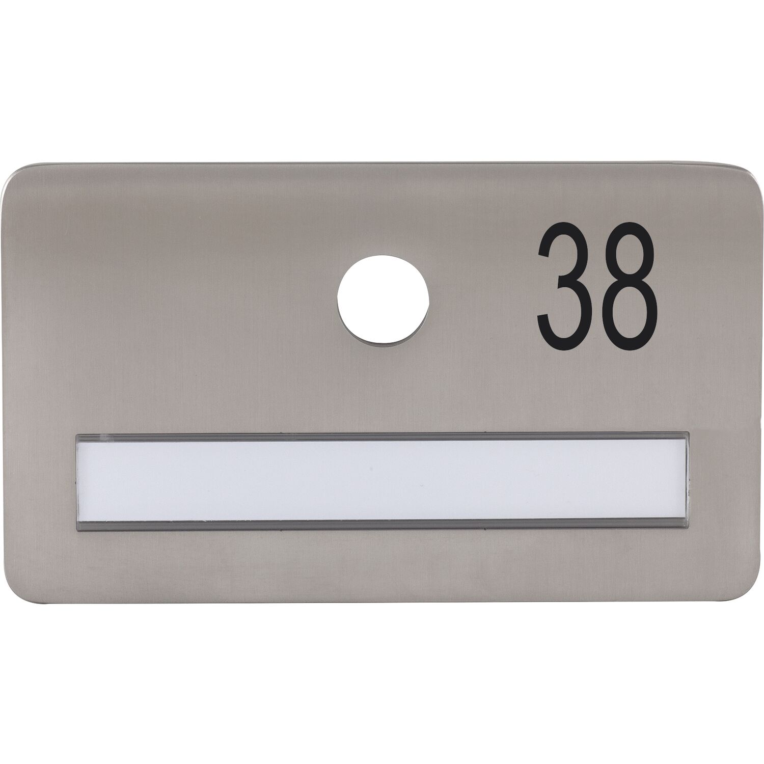 SOLIDO Namensschild ohne Spion, Bohrung ø 14, Edelstahl satiniert, Gravur Nr. 38