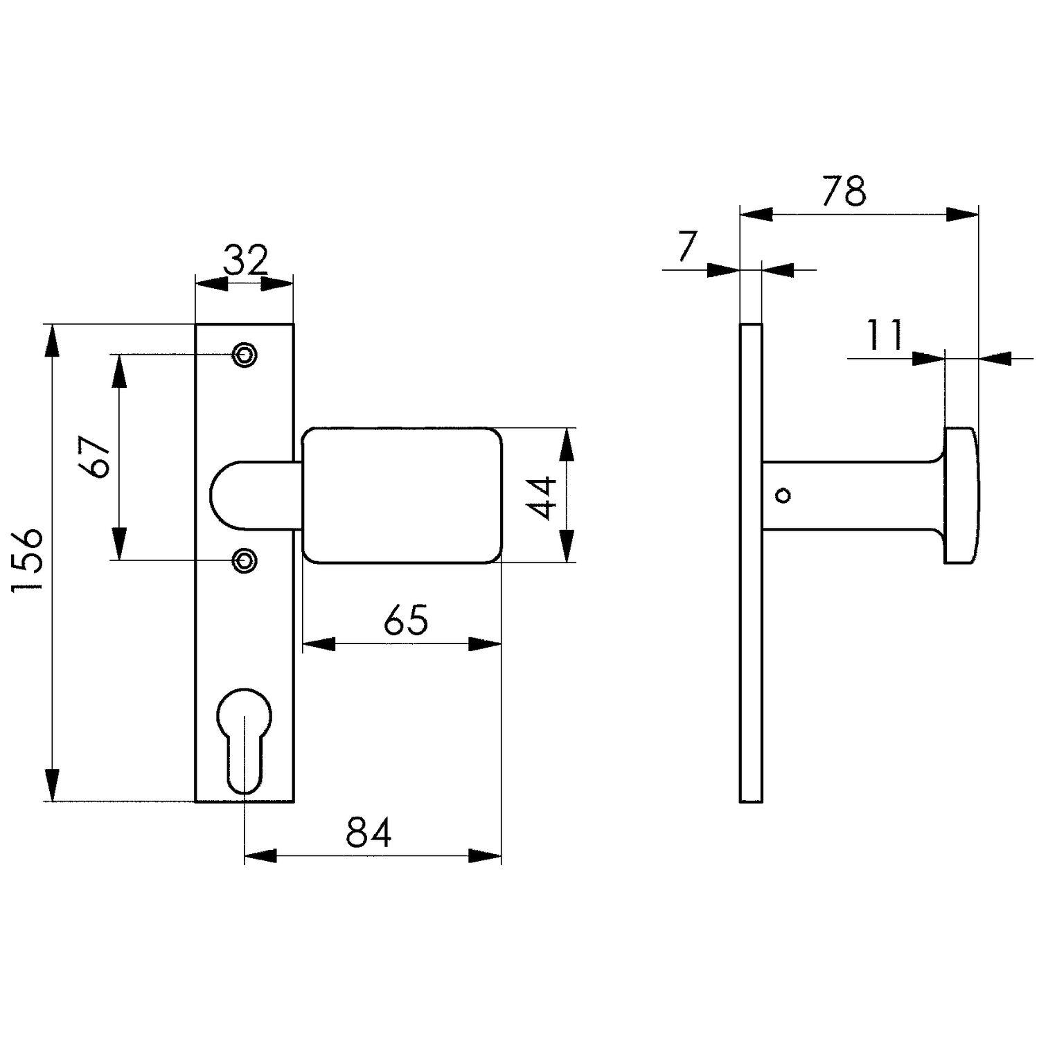 AMF Knopfkurzschild 486Z gekröpft, drehbar,156x32x7mm,Knopf 65x44mm,silber elox.