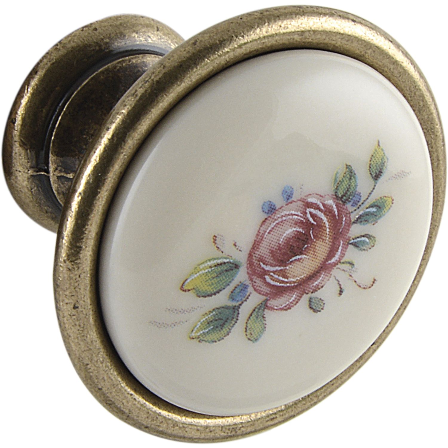 Knopf Rose ø 34 mm, Porzellan/ZN, elfenbein, bemalt/altvermessingt
