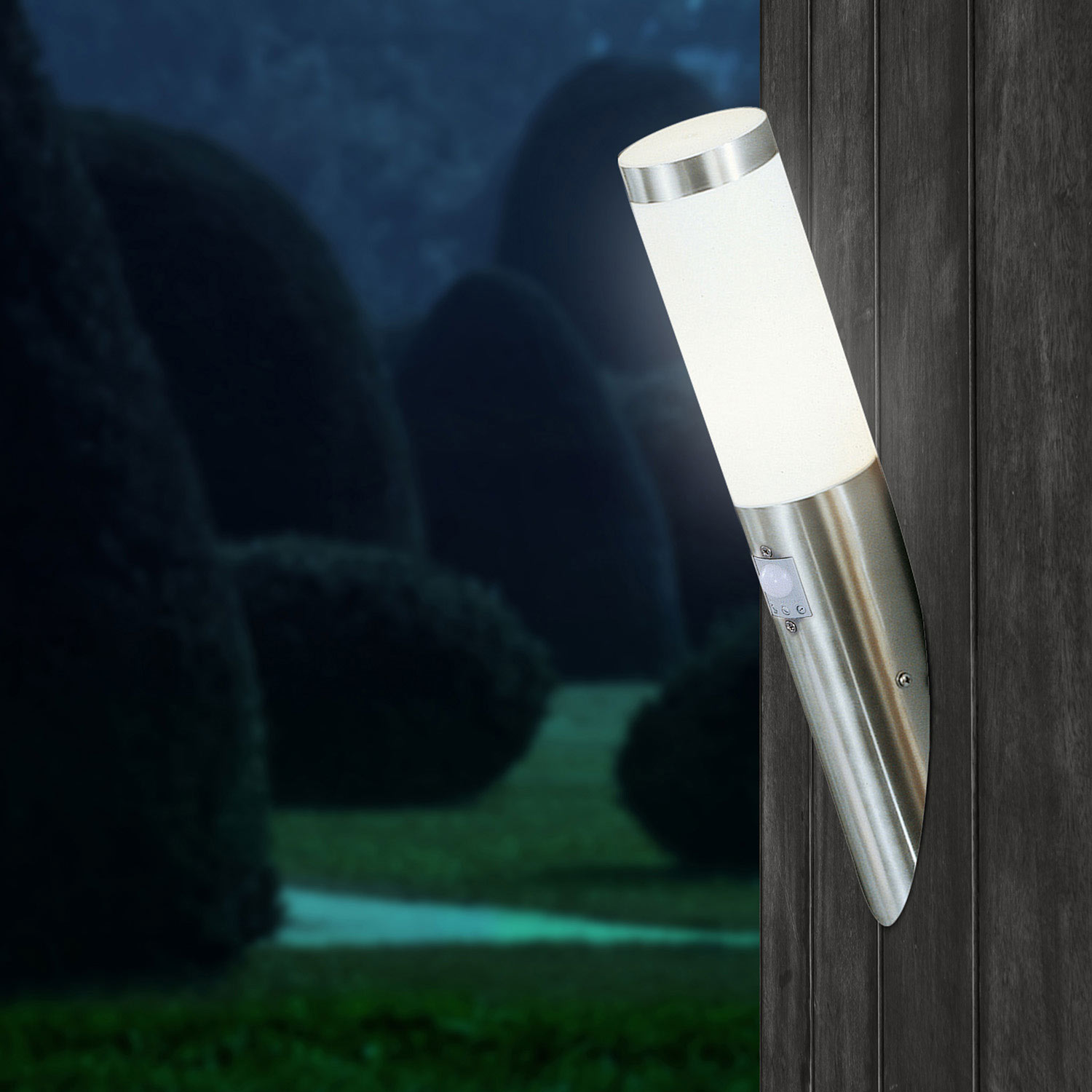 ISOLED Wandleuchte Edelstahl IP44 PIR Bewegungssensor warmweiß inkl. E27 LED Leuchtmittel 9W