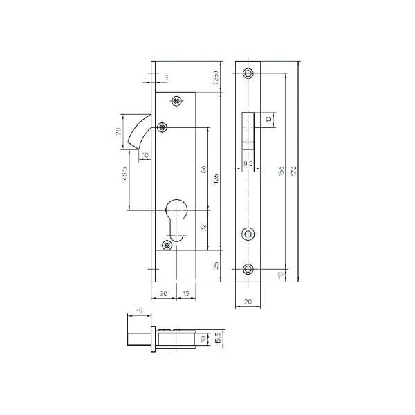 Schiebetürschloss mit Bogenriegel,PZ,DM 20,Stulp 176x20x3 eckig,silber verzinkt