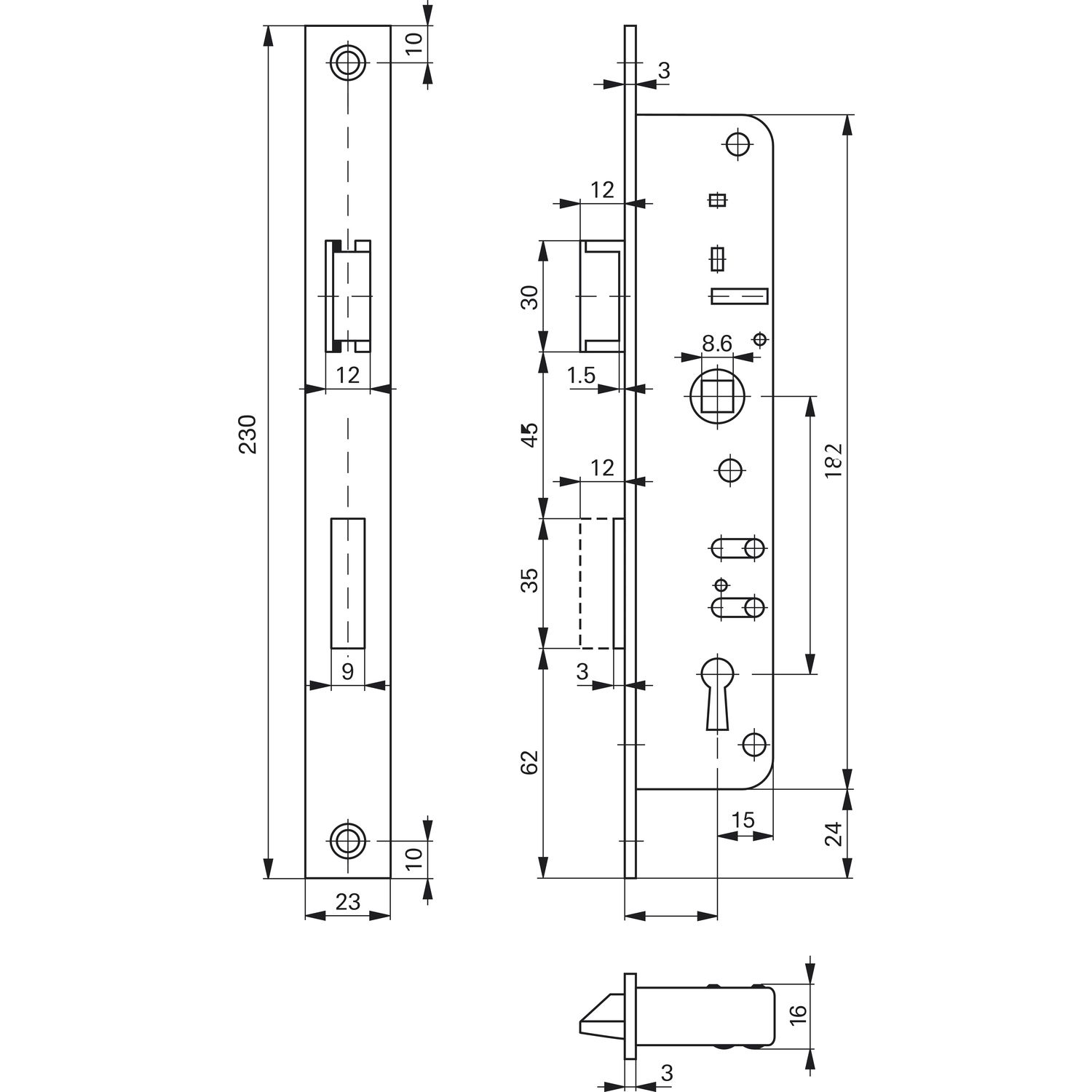 Roto Rohrrahmenschloss Flachstulp m. Falle u. Riegel 852, DM 35, verzinkt silber
