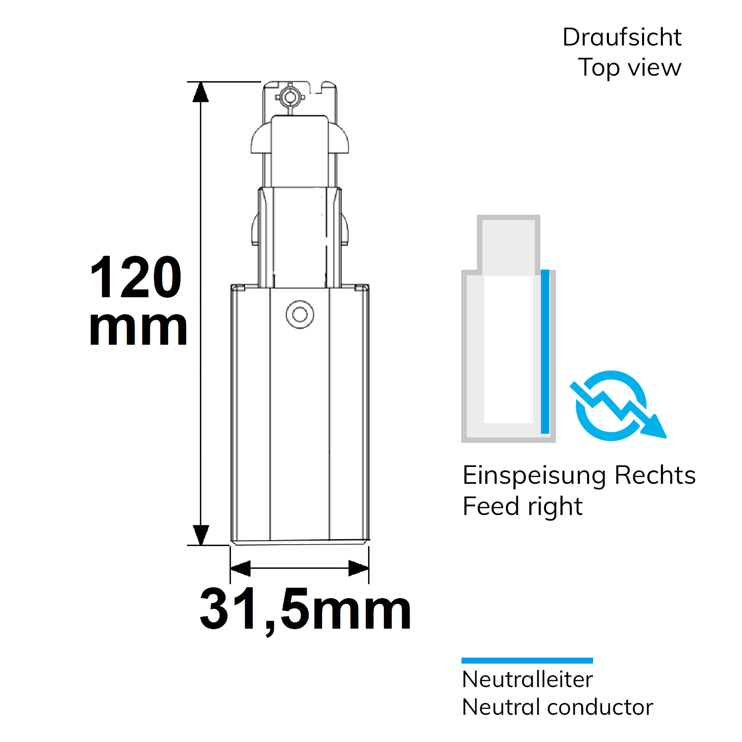 ISOLED 3-Phasen DALI Seiten-Einspeisung für Aufbauschiene N-Leiter rechts weiß