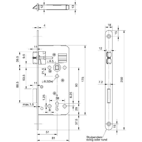 dormakaba Einstemmschloss 127, Keilbart, DM 61, Stahl verzinkt silberfärbig ()