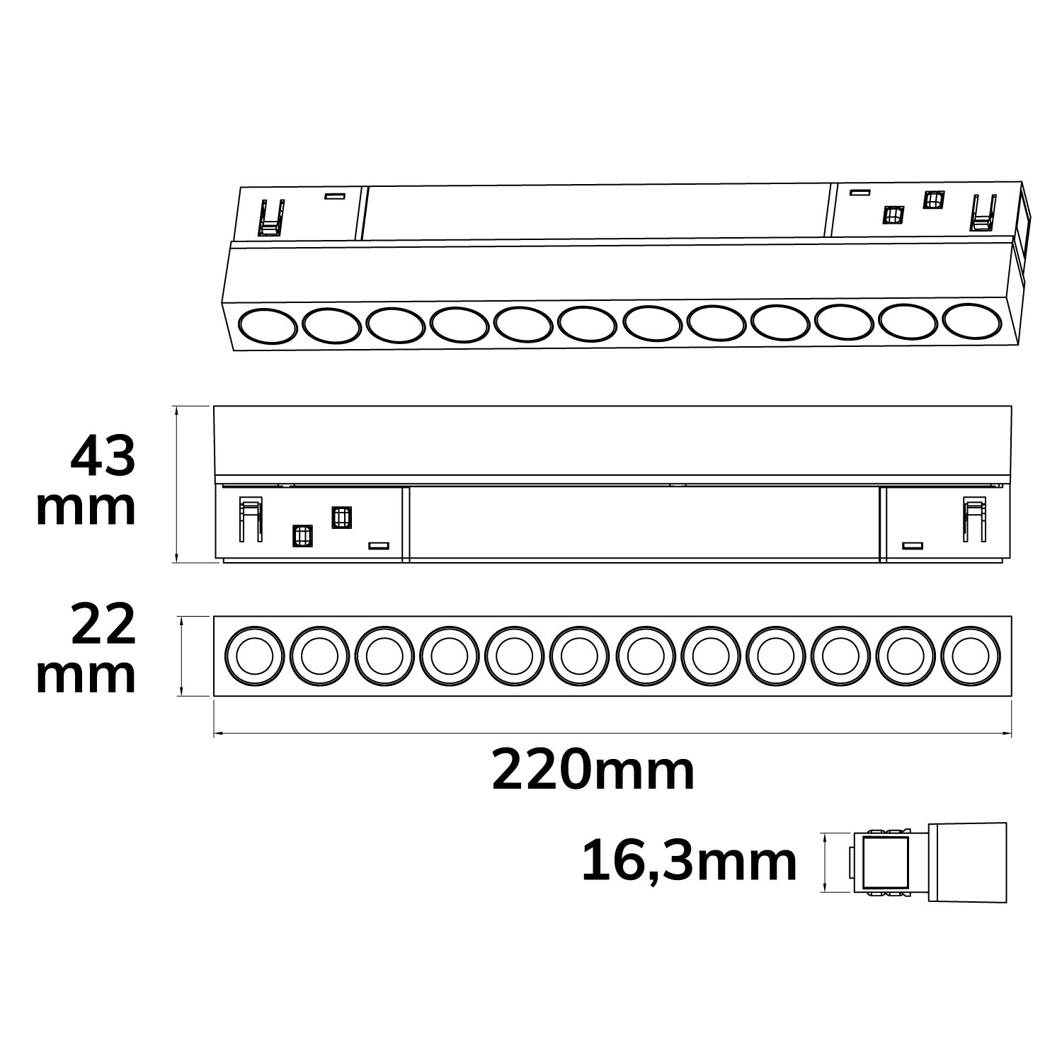 ISOLED Track48 Rasterleuchte 22cm schwarz 12W 36° UGR