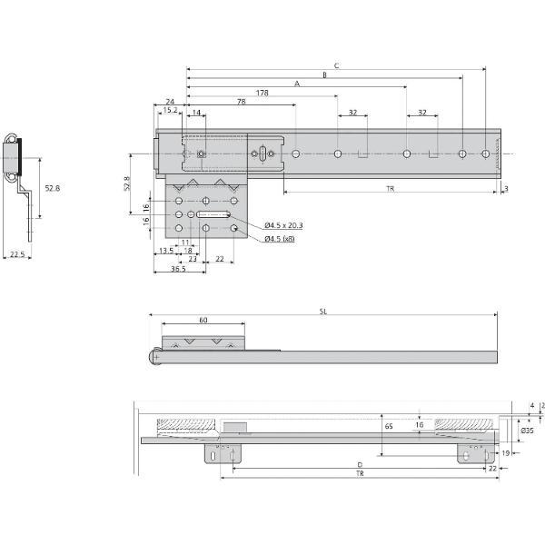 Accuride 1319 Beschlägegarnitur, Länge 600 mm, Stahl hell chromatiert