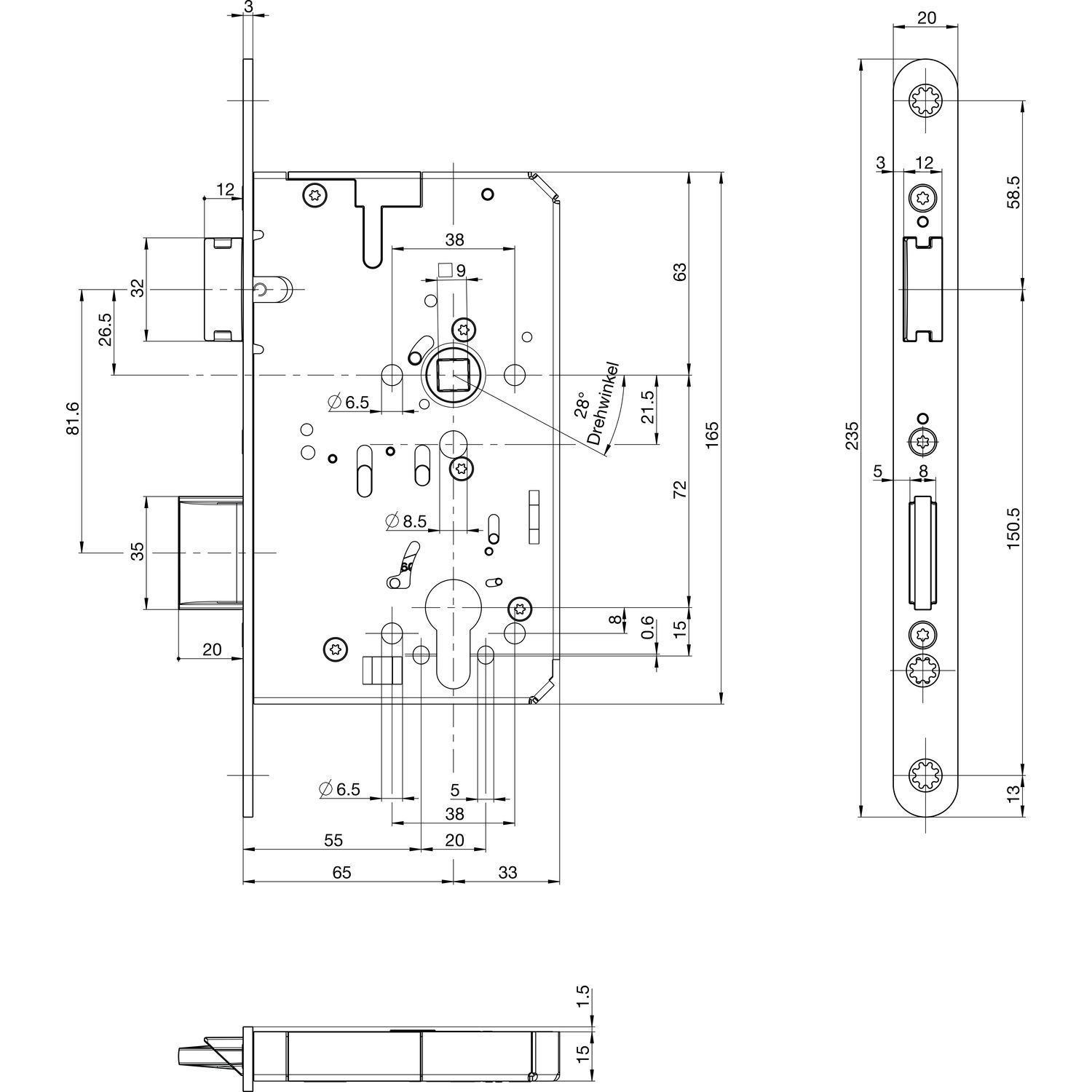 BKS Fluchttürschloss B-23260-02-R-8 1-flg. Funktion E, Rundstulp 20,PZ 65 rechts