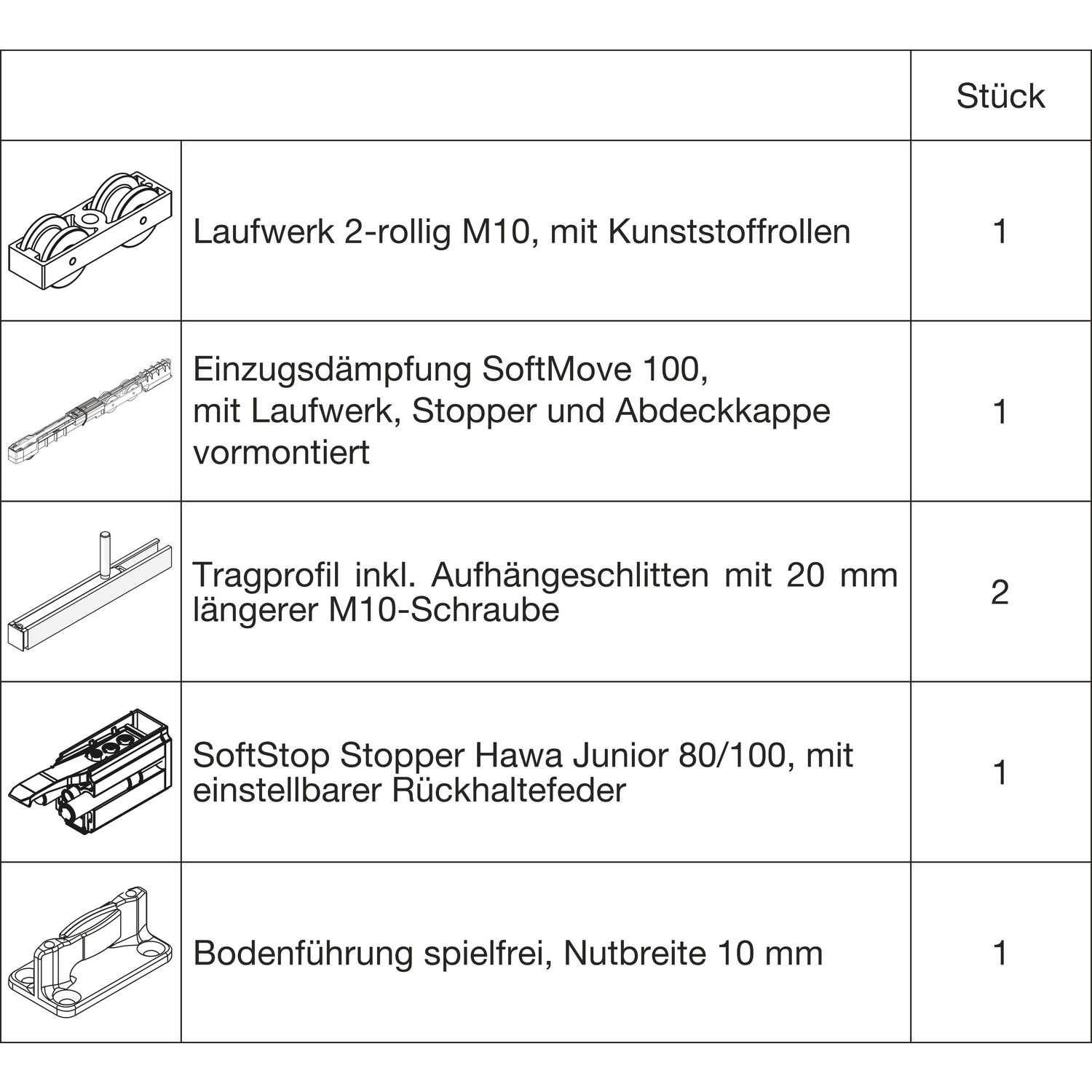 HAWA Junior 100/B Beschlagset Holz SoftStop SoftStop/SoftMove +20 mm (30232)