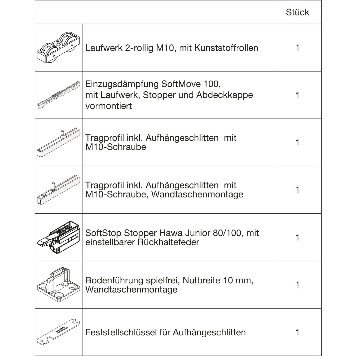 HAWA Junior 100/B-Pocket Beschlagset Holz SoftStop/SoftMove (30253)