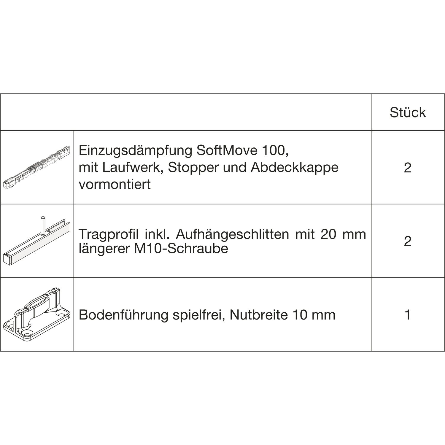 HAWA Junior 100/B Beschlagset Holz SoftMove Tragschraube 20 mm länger (30233)