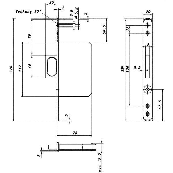 Grundmann Schiebetürschloss mit Stirnziehgriff 117x75x15,5mm rund Edelstahl