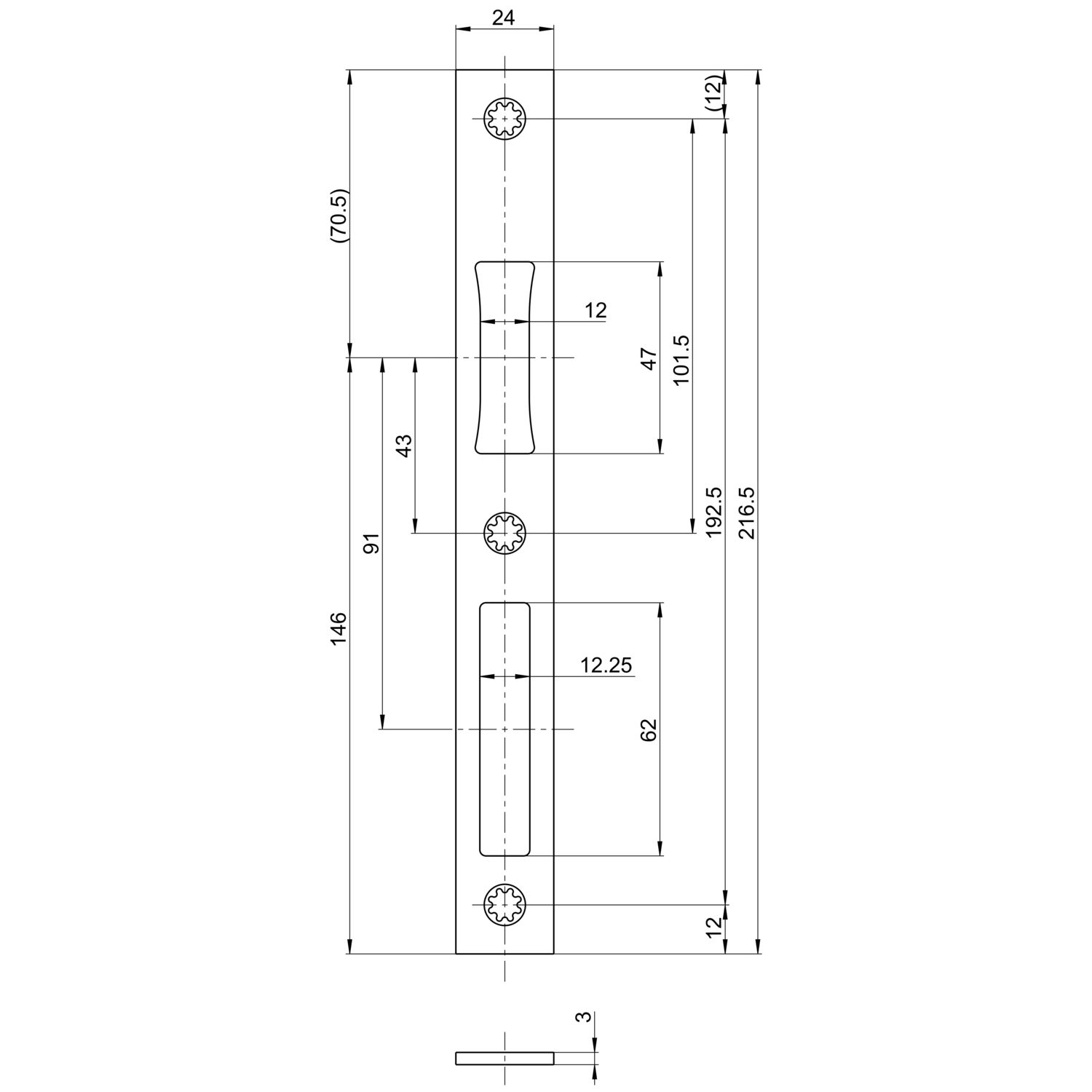 BKS Schließblech B 9000, 216,5 x 24 mm, Fallendurchb. 12, flach eckig