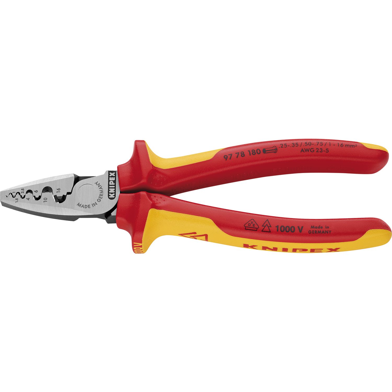 Knipex Crimpzange VDE 9778180 für Aderendhülsen 0,25-16 mm², 2K-Griff, L=180 mm