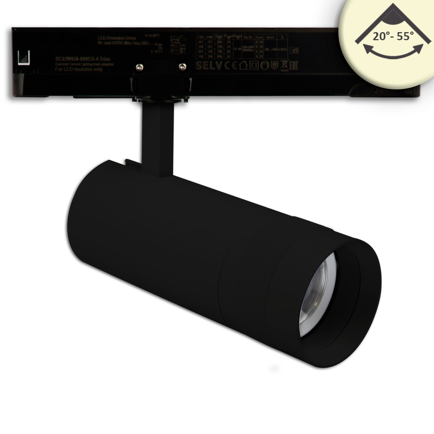 ISOLED 3-Phasen Schienen-Strahler fokussierbar 24W 20°-55° schwarz matt 3000K dimmbar