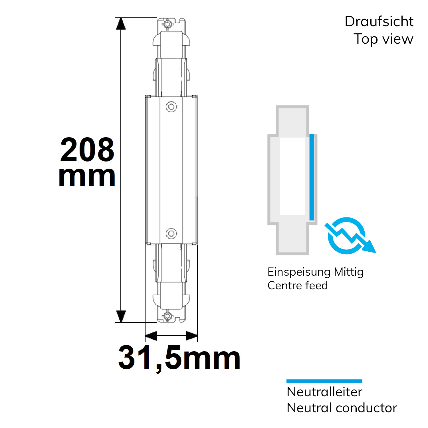 ISOLED 3-Phasen DALI Mittel-Einspeisung für Aufbauschiene schwarz
