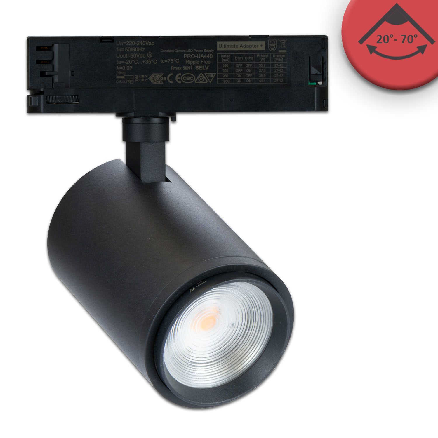 ISOLED 3-Phasen Schienen-Strahler fokussierbar 34W 20°-70° schwarz matt Meat 1900K