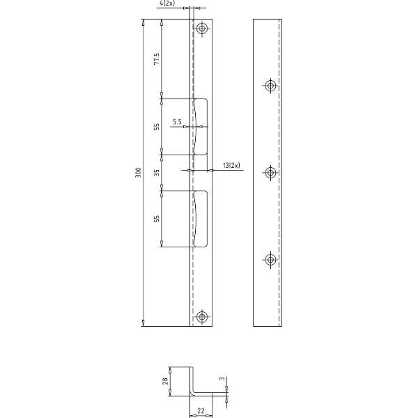 SH-Winkelschließblech eckig Blindlappen 28mm, Gr. 28x22x300x3 mm,verzinkt silber