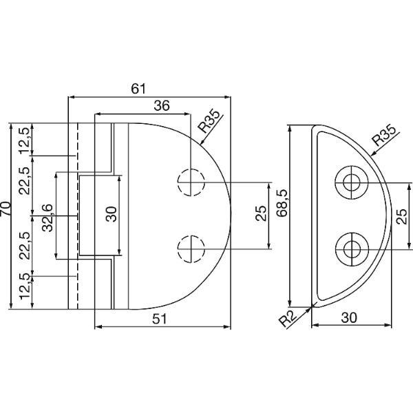 Türband f. 6 bzw. 8 mm Glastüren, (B x H): 60 x 70 mm Oberfläche: Aluminium/Zink