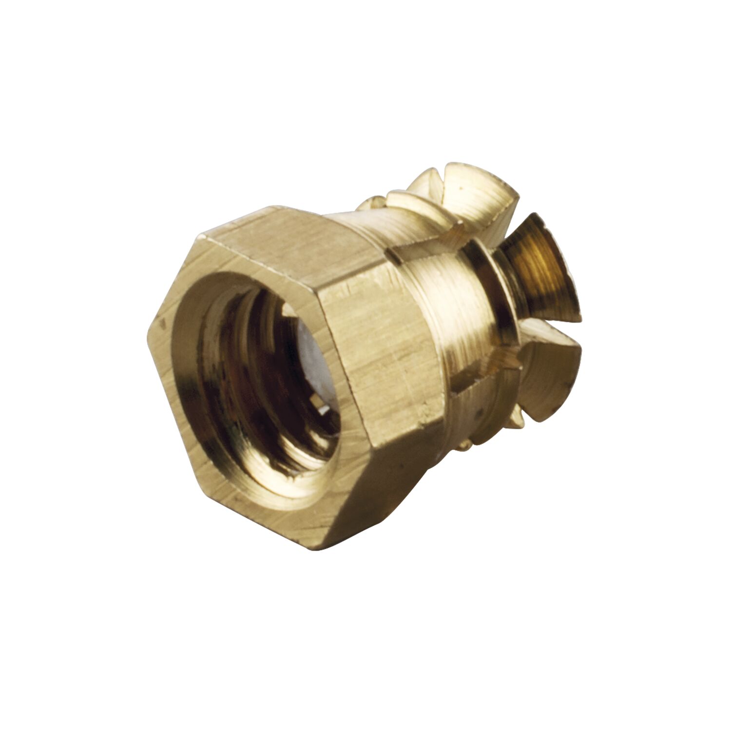 ninka Spreizmuffe sechskant, M6 Länge 9 mm, Bohr ø8 mm, Messing blank mit Nylonkugel (1000 Stück)