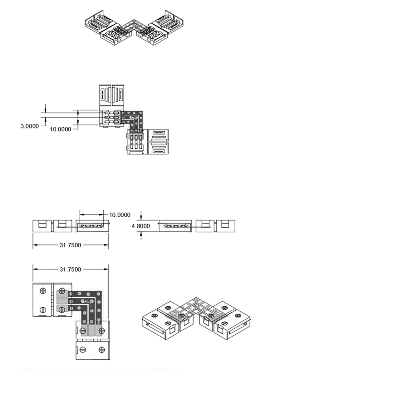 ISOLED Clip-Eck-Verbinder (max. 5A) C1-310 für 3-pol. IP20 Flexstripes mit Breite 10mm Pitch >12mm