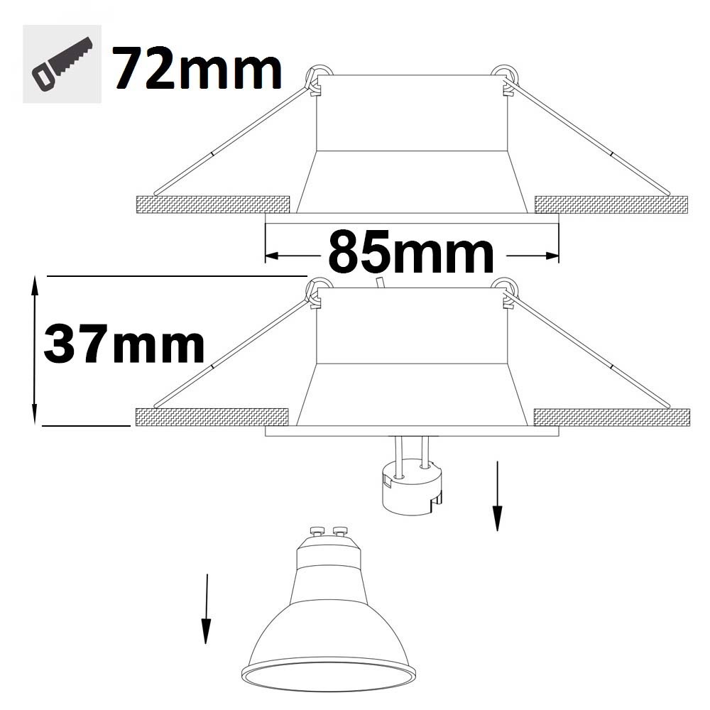 ISOLED Einbaurahmen eckig mit Glaslinse Loch 72mm schwarz für GU10/MR16 Spots