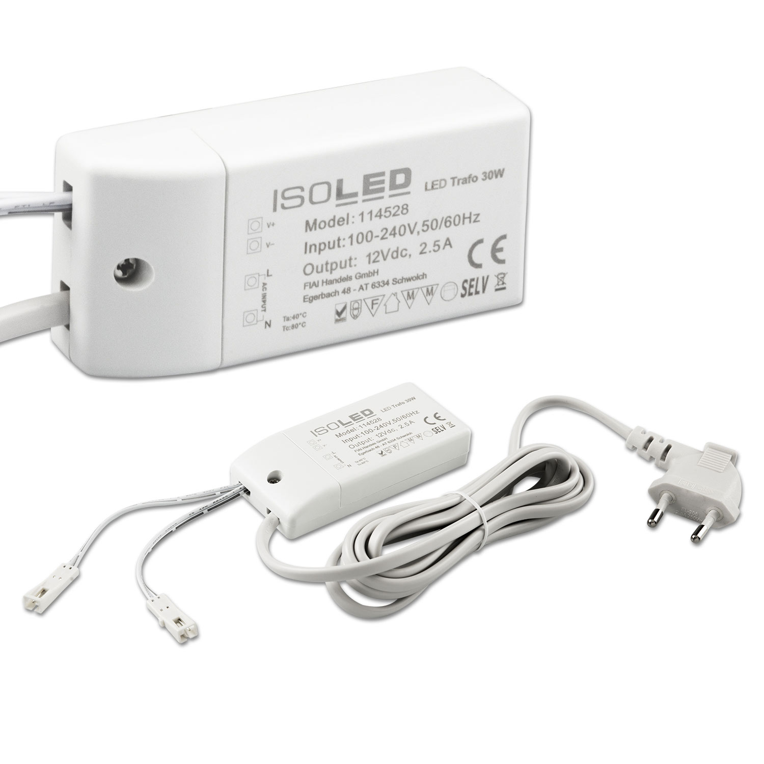 ISOLED LED Trafo MiniAMP 12V/DC 0-30W 200cm Kabel mit Flachstecker sekundär 2 female Buchsen