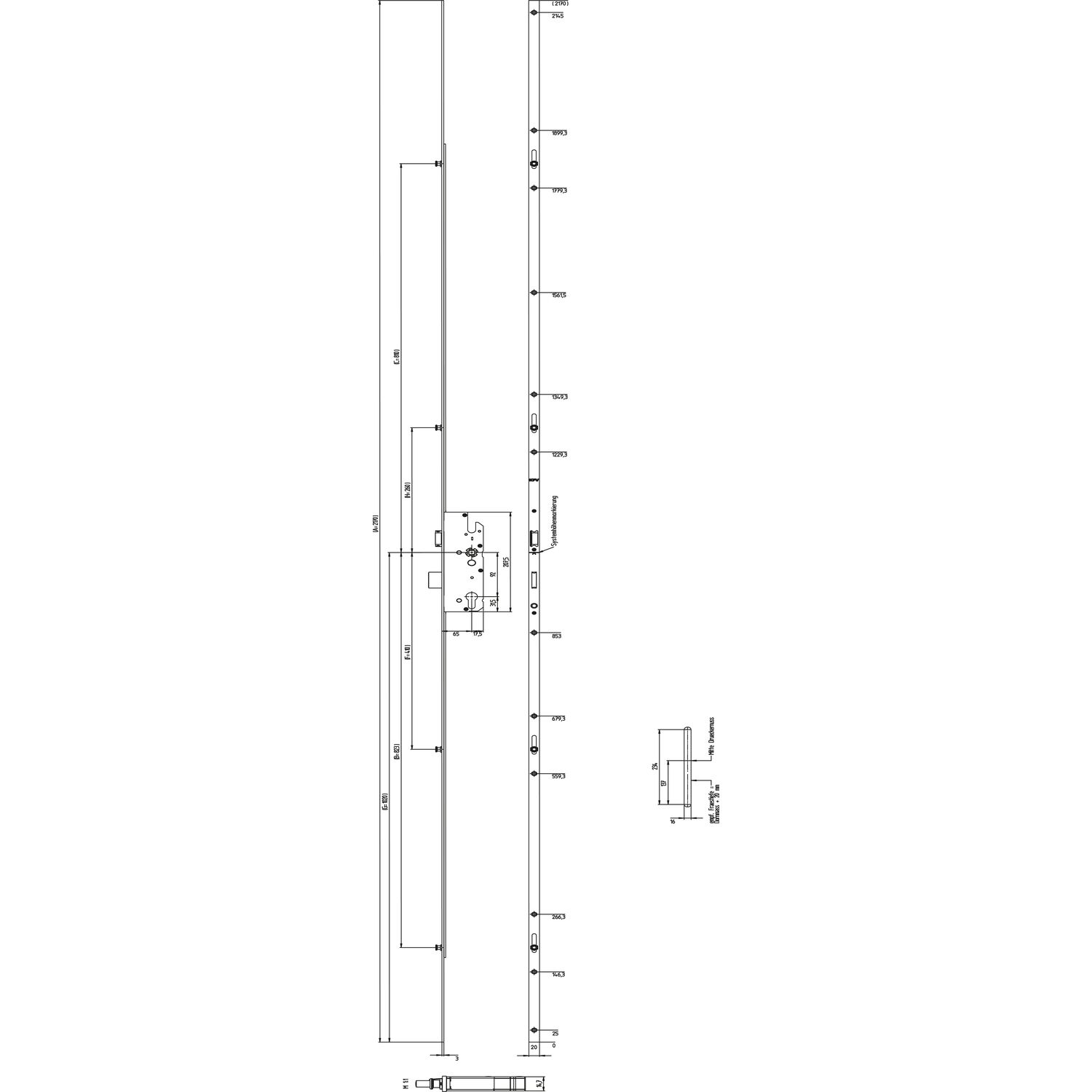 KFV MFV-Schloss BS 8100 DIN, DM 65, Stulp 20 mm eckig,verzinkt silber