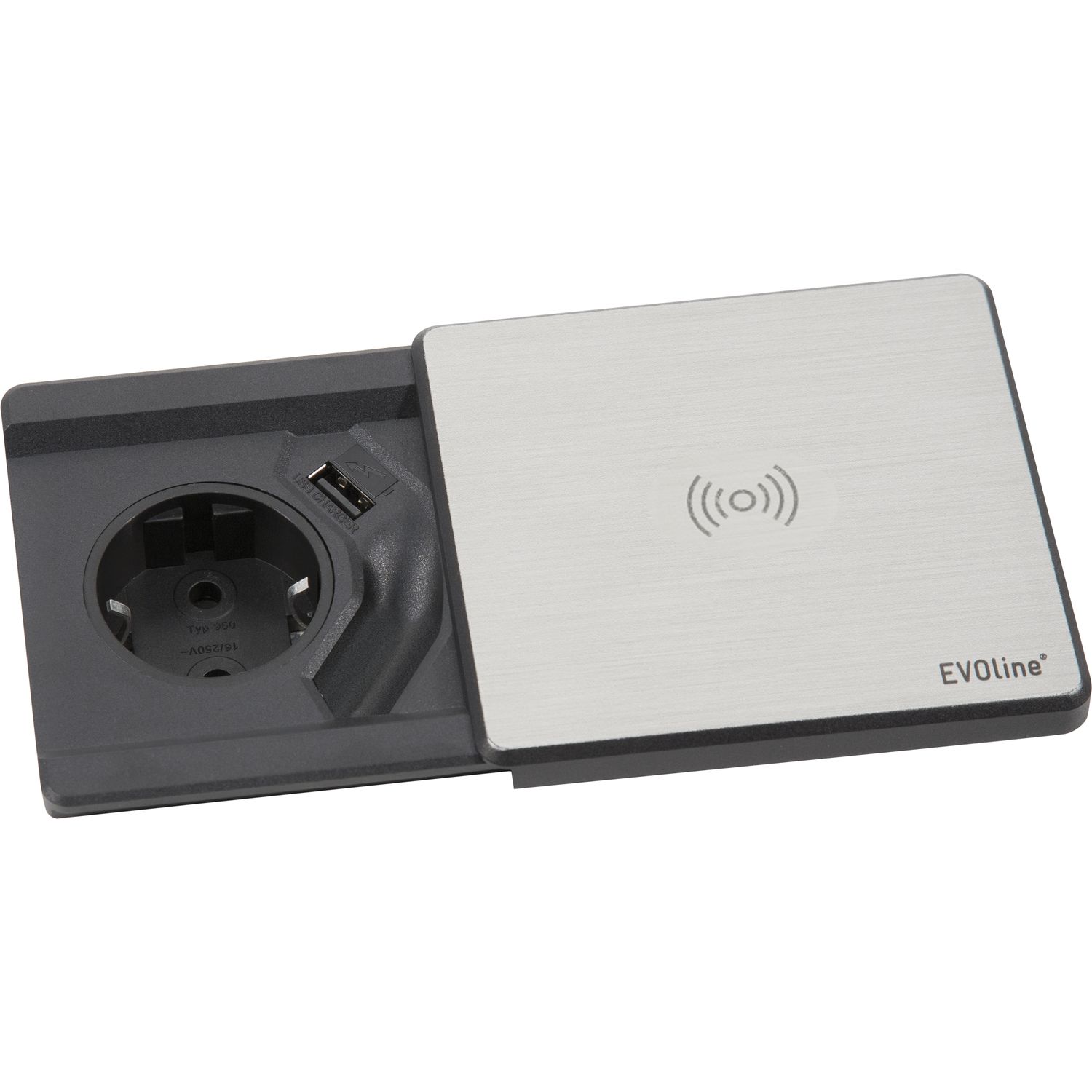 EVOline Square 80 Schuko mit USB-Charger + QI-Charger, Edelstahl